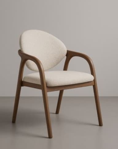 A modern armchair featuring a curved wooden frame with integrated armrests and tapered legs, upholstered in a cream-colored boucle fabric for the rounded seat and backrest. — 3D model
