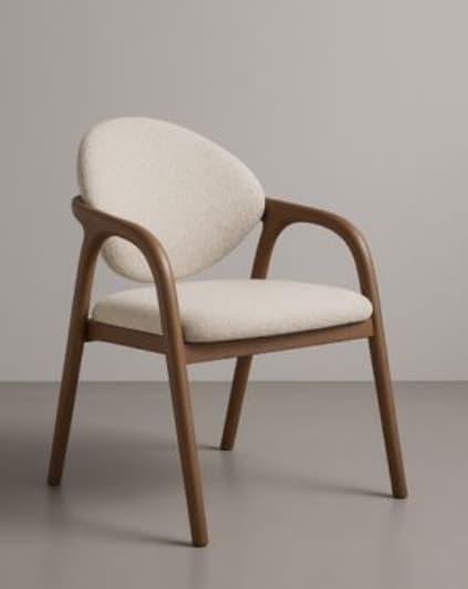 A modern armchair featuring a curved wooden frame with integrated armrests and tapered legs, upholstered in a cream-colored boucle fabric for the rounded seat and backrest. — 3D model