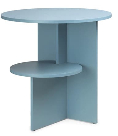 A modern side table with a circular top and a tiered shelving system. The structure consists of a main vertical support beam, two vertical side panels, and a circular shelf positioned below the tabletop. The base has two thin legs extending outwards. — 3D model