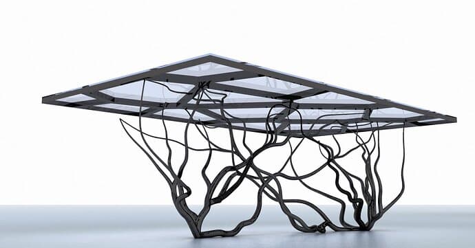 A modern, artistic table featuring a rectangular multi-panel glass top supported by an intricate, organic, dark-colored root-like base. The base provides a sculptural element to the piece. — 3D model