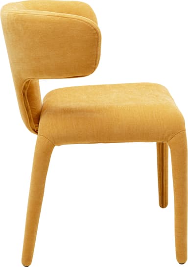 A contemporary armchair with a distinctive curved backrest that flows into integrated armrests. The seat and back are upholstered in a textured, mustard-yellow fabric. It is supported by four tapered legs that extend outwards, also upholstered in the same fabric. The design emphasizes organic curves and a cohesive upholstered form. — 3D model
