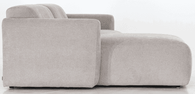 A sofa viewed from the back, featuring a neutral-toned fabric upholstery. The sofa appears to have a modern design with rounded armrests visible on the sides. The back is divided into two distinct cushioned sections, separated by a vertical seam. Small, dark-colored feet are visible at the base. A small, light-colored tag with an emblem is attached to the lower corner of the right side. — 3D model