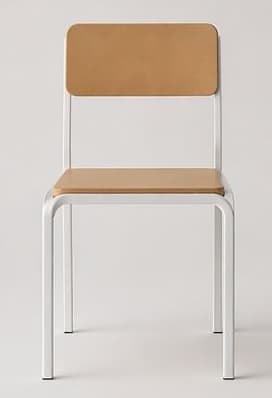 A side profile view of a modern chair. The chair features a white metal frame for the legs, seat support, and backrest frame. The seat and backrest are made of a light-colored wood-like material, possibly laminate or finished plywood. The design is minimalist and appears to be functional, suitable for dining or office use. — 3D model