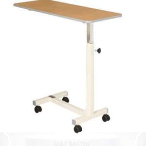 An adjustable height overbed table featuring a light wood laminate tabletop, a cream-colored steel frame with an adjustable silver-colored column, and four black casters for mobility. A black knob is present for height adjustment. — 3D model