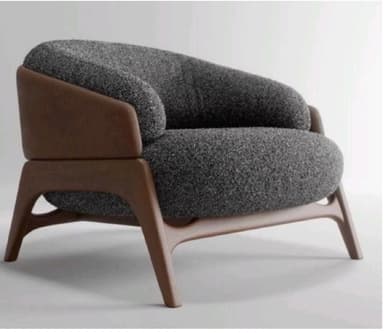 A modern lounge chair featuring a deep, comfortable seat and back upholstered in a textured grey fabric. The chair's structure incorporates an outer shell and integrated legs made from a smooth, light brown wood or wood composite, forming a cohesive and organically curved silhouette. The design emphasizes comfort and contemporary aesthetics. — 3D model