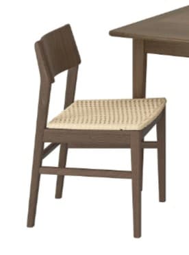 A modern dining chair featuring a dark stained wooden frame and a natural woven cane seat. The chair has straight, slightly tapered legs and a simple, curved wooden backrest. It is an armless design. — 3D model