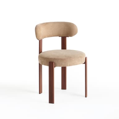 An armless chair featuring a circular, upholstered seat and a separate, curved, upholstered backrest. The frame and legs are crafted from dark-finished solid wood, providing a minimalist and contemporary aesthetic. The upholstery is a light beige, textured fabric. — 3D model