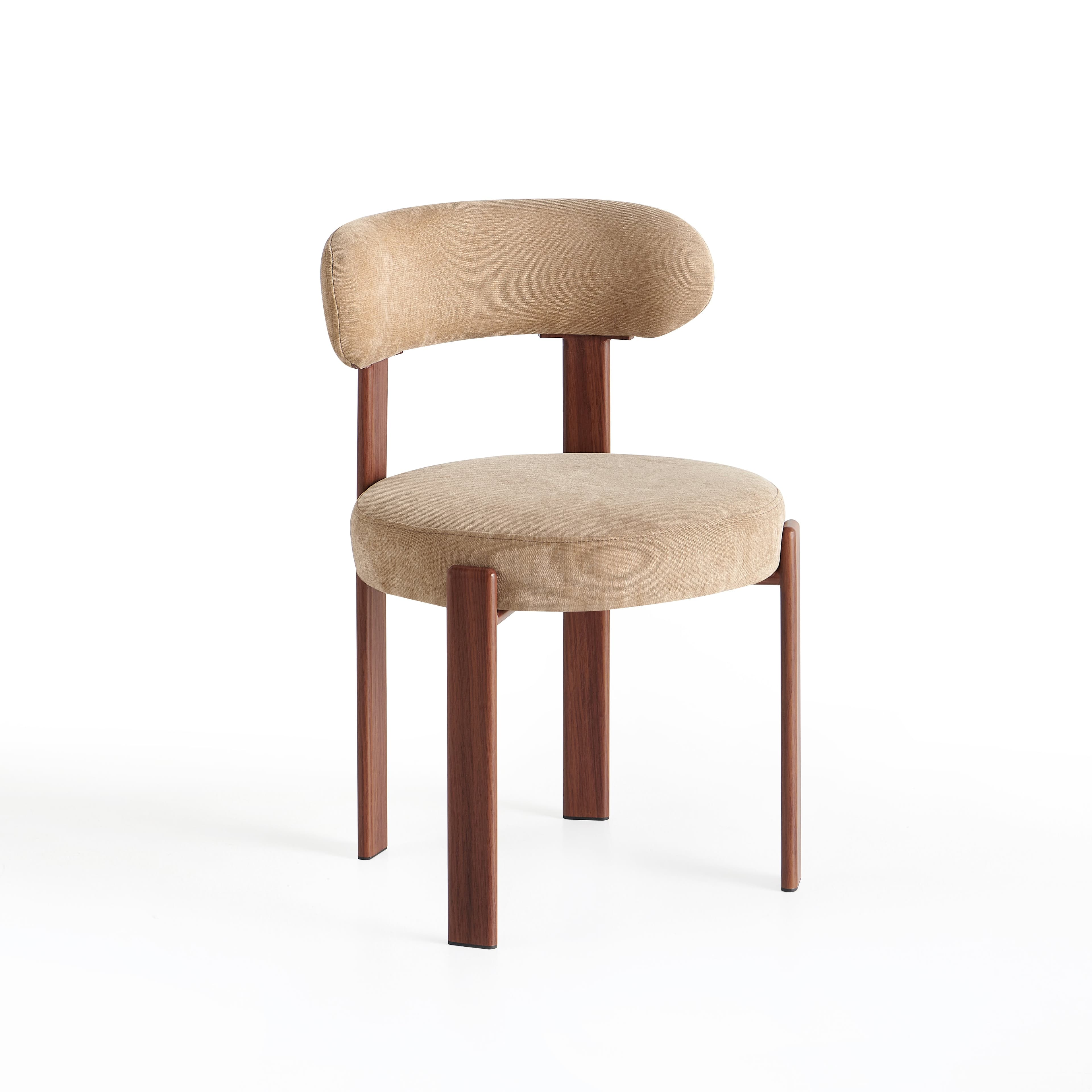 An armless chair featuring a circular, upholstered seat and a separate, curved, upholstered backrest. The frame and legs are crafted from dark-finished solid wood, providing a minimalist and contemporary aesthetic. The upholstery is a light beige, textured fabric. — 3D model