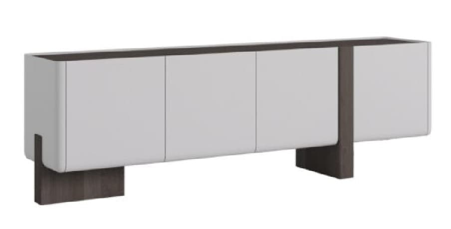 A long, low contemporary sideboard featuring three cabinet doors with a light gray lacquered finish, a contrasting dark brown top, and a sculptural dark brown wooden base. The design is minimalist with clean lines and rounded edges. — 3D model