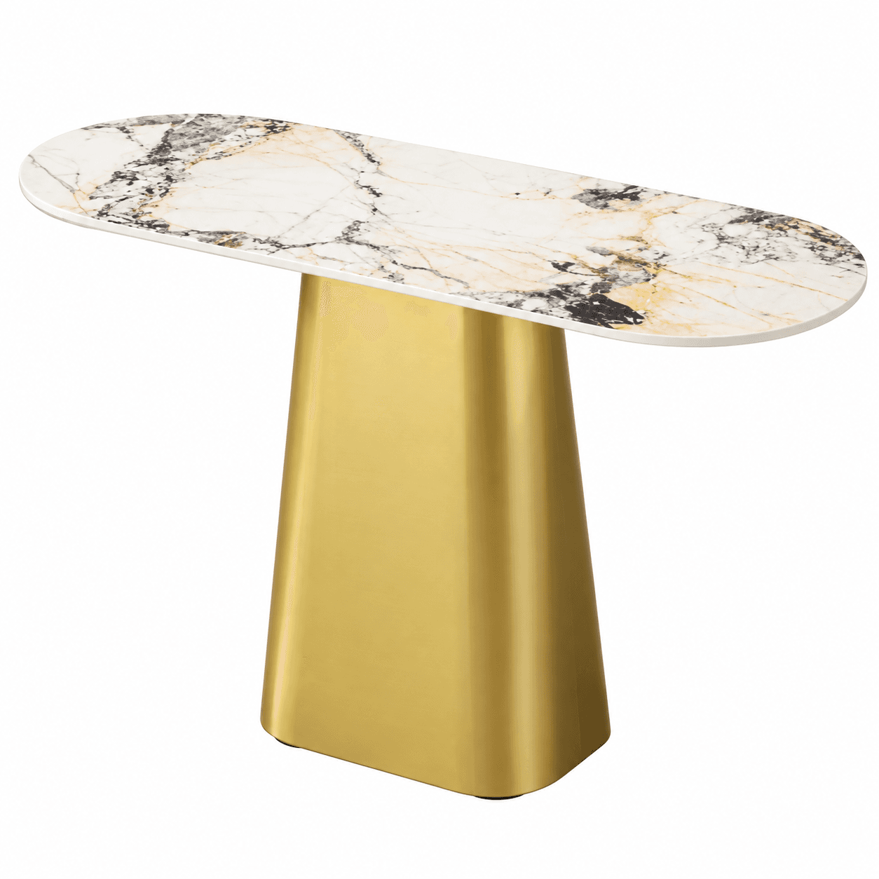 A modern console table featuring an elongated oval marble top supported by a tapered, rectangular gold-finished pedestal base. The marble top displays white, black, and gold veining, complementing the polished metallic base. The design is sleek and minimalist, emphasizing clean lines and luxurious materials. — 3D model