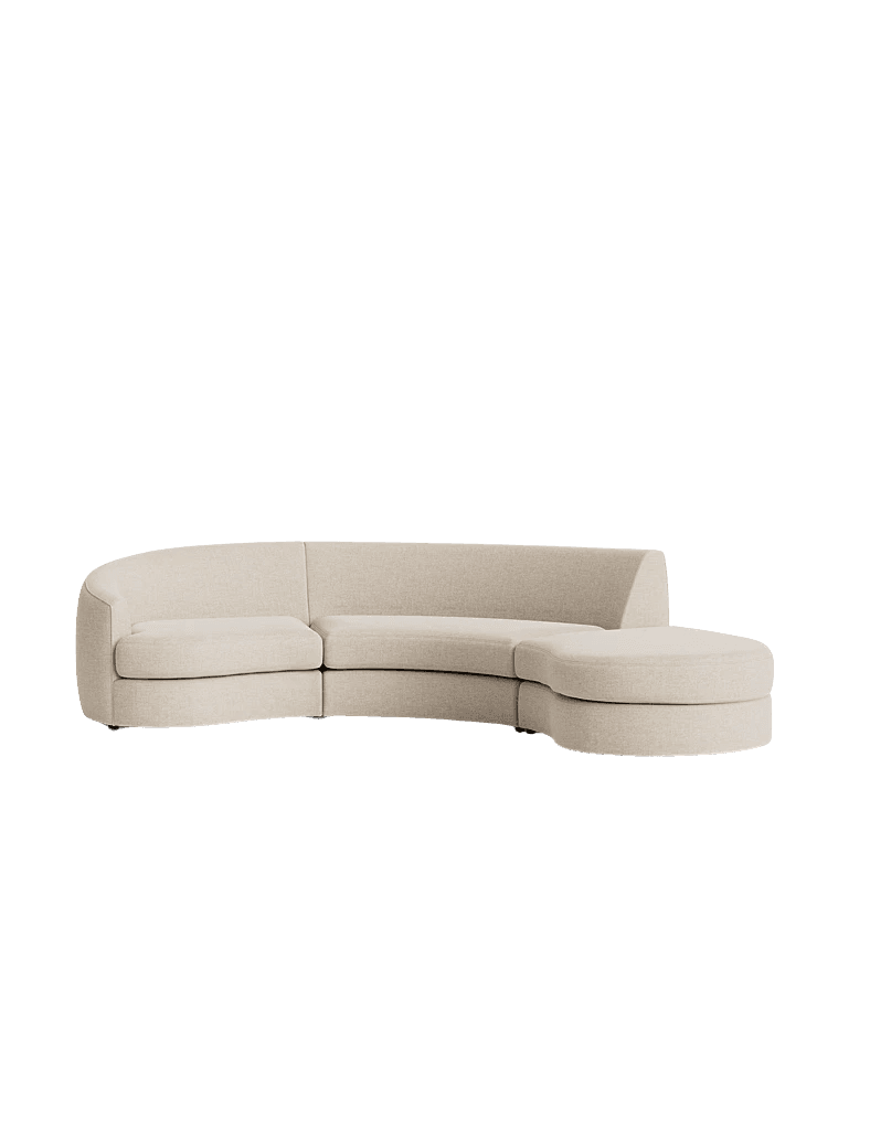 A sectional, curved sofa with a chaise lounge extension. The sofa features a neutral-toned fabric upholstery and a modern design with clean lines and rounded edges. It appears to be composed of multiple modular sections, including a corner piece and an extended ottoman or chaise element. — 3D model