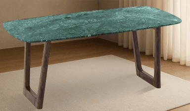 A modern rectangular coffee table featuring a polished green marble top with rounded corners, supported by two inverted U-shaped dark wood legs. — 3D model