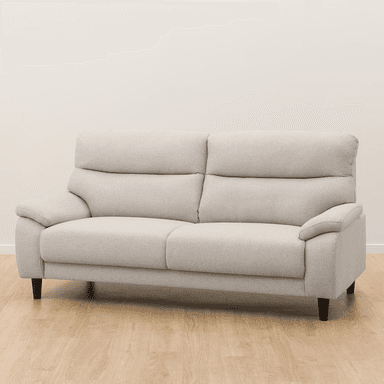 A light beige, modern two-seater sofa featuring plush, rounded cushioning and adjustable headrests for enhanced comfort. It has subtly tapered dark wooden legs and rolled, padded armrests. The sofa appears to be upholstered in a woven fabric. — 3D model
