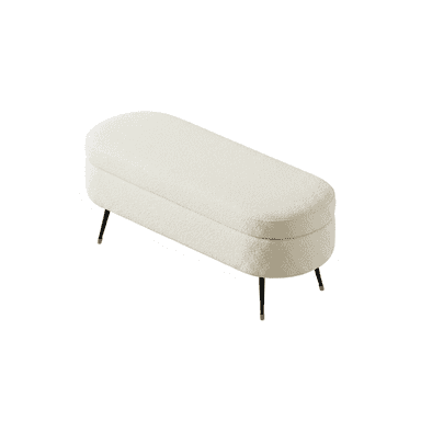 An oval-shaped, off-white boucle upholstered storage bench with slender black metal legs featuring brass tips. The top functions as a hinged lid, revealing internal storage. — 3D model