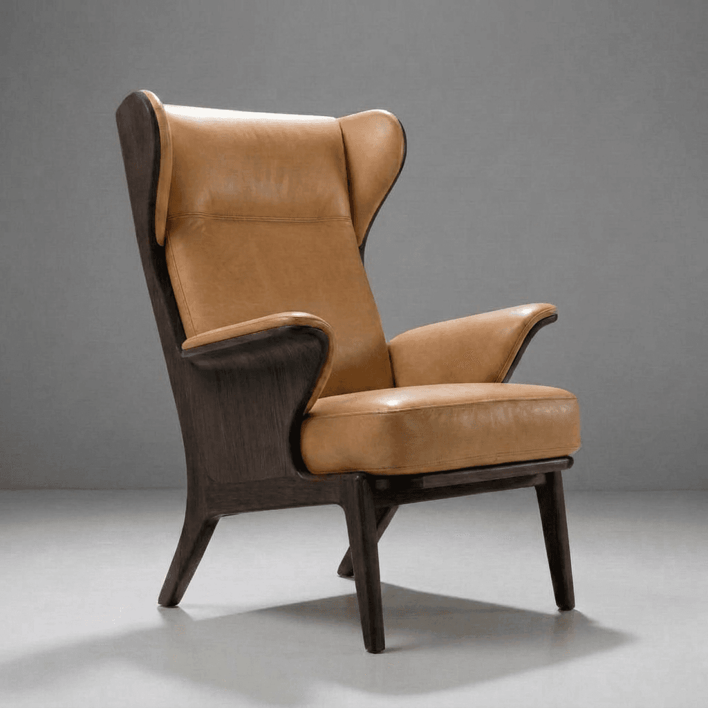 A stylish Mid-Century Modern wingback lounge chair featuring a dark-stained wooden frame and tan leather upholstery. The chair has a high back with distinctive 'wings' and gracefully curved wooden armrests, supported by tapered legs. — 3D model
