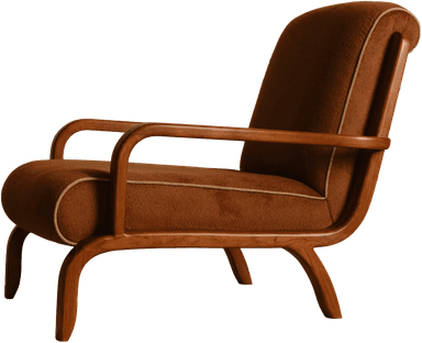 A single armchair with a wooden frame and upholstered seat, backrest, and headrest. The frame exhibits curved lines, particularly in the armrests and legs. The backrest has a textured upholstery and two horizontal wooden slats. The headrest is rolled and upholstered. — 3D model