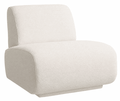 An armless contemporary lounge chair upholstered in a textured, off-white bouclé fabric. The design features soft, rounded edges and a low backrest, resting on a subtle plinth base. Its modular form suggests it can be used individually or as part of a larger seating arrangement. — 3D model