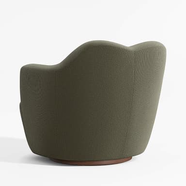 A fully upholstered armchair with a rounded, organic silhouette. The chair features a high, sculpted backrest that flows into integrated armrests, creating a cohesive form. A single button is tufted into the center of the backrest. The chair is supported by a dark, circular wooden base, suggesting it may be a swivel chair. — 3D model