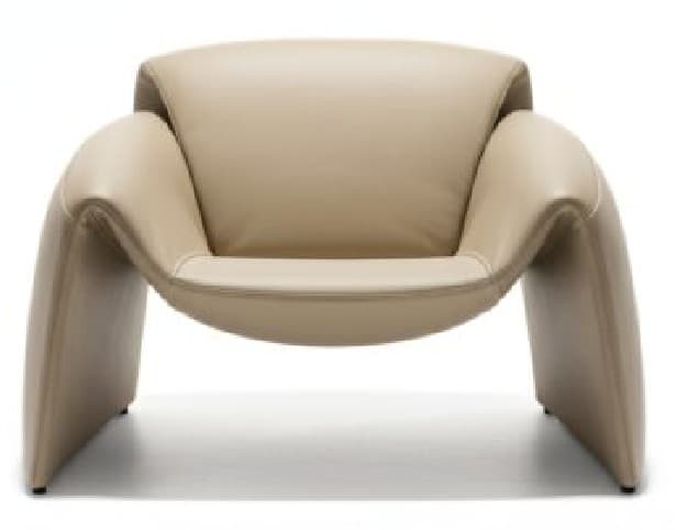 A contemporary lounge chair featuring a seamless, organic form, fully upholstered in light beige leather. The chair's design integrates the backrest, armrests, and base into a single, flowing structure, presenting a minimalist and sculptural aesthetic. — 3D model