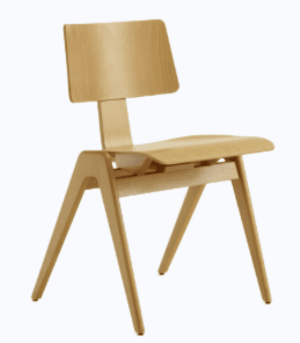 A modern dining chair constructed from molded plywood. It features a gently curved seat and backrest, supported by a frame with angled legs. The overall design is minimalist and ergonomic. — 3D model