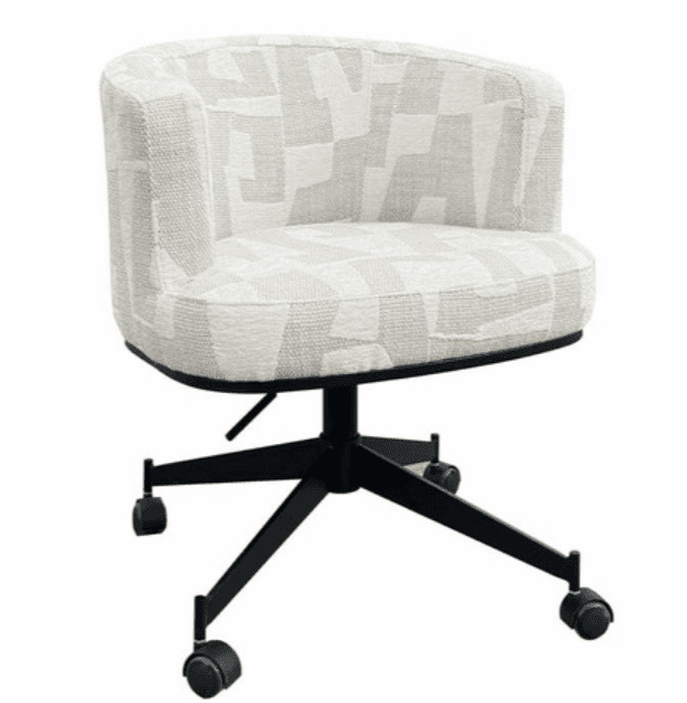 An upholstered office chair featuring a contemporary, rounded bucket seat and back with integrated arms, supported by a black five-star swivel base with casters for mobility. — 3D model