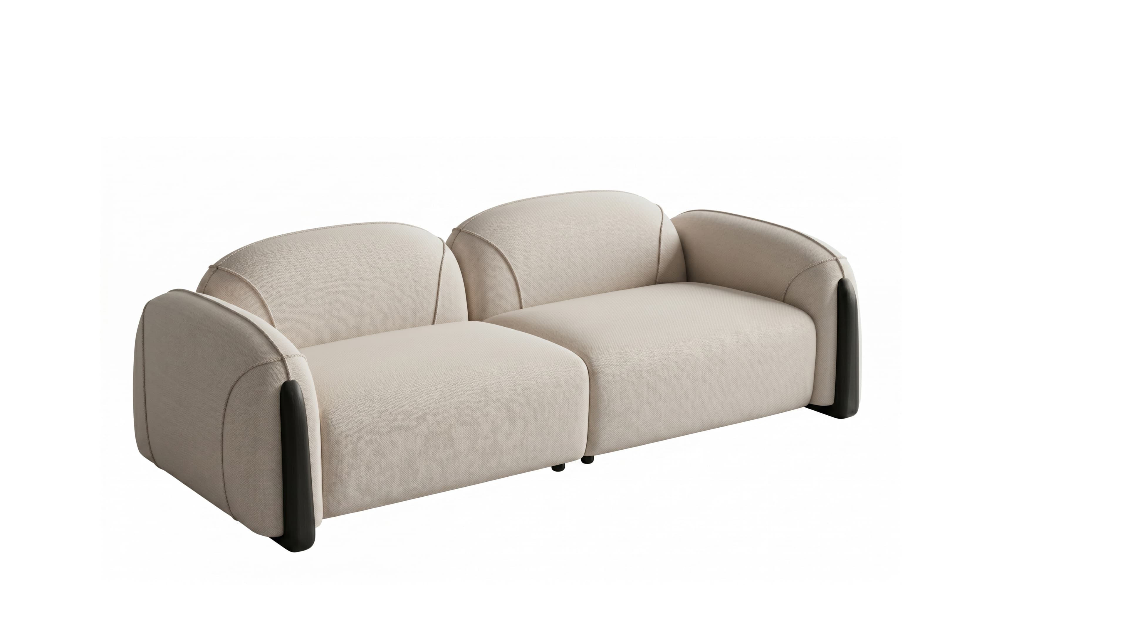 A modern two-seater sofa featuring light-colored fabric upholstery, rounded profiles, and distinctive dark accent panels on the exterior of its armrests. — 3D model