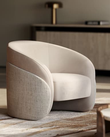 A modern barrel-style chair featuring two-tone upholstery. The inner seat, back, and armrests are upholstered in a smooth, light beige or cream fabric, while the outer shell and sides are covered in a textured, woven light gray or natural linen-like fabric. The chair has a rounded, cohesive form with no visible legs, giving it a low-profile and contemporary aesthetic. — 3D model