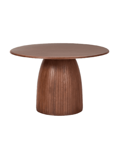A round dining table constructed entirely from wood, featuring a smooth circular tabletop and a distinctive, vertically fluted conical pedestal base. The wood displays a rich, medium-brown finish with visible grain patterns throughout. — 3D model