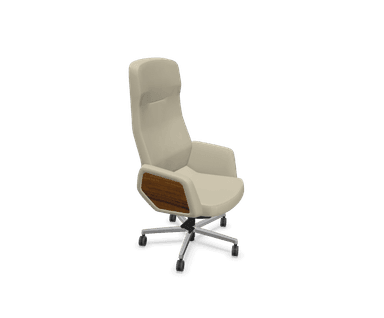 A high-back executive office chair with a padded, upholstered seat and back, integrated armrests with wooden accents, and a five-star swivel base with casters. — 3D model
