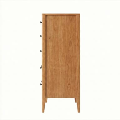 A tall, five-drawer chest crafted from solid cherry wood, featuring a warm, reddish-brown finish and subtle wood grain. Each drawer has two dark, circular pull knobs, and the overall design is clean and minimalist with slightly tapered legs. — 3D model