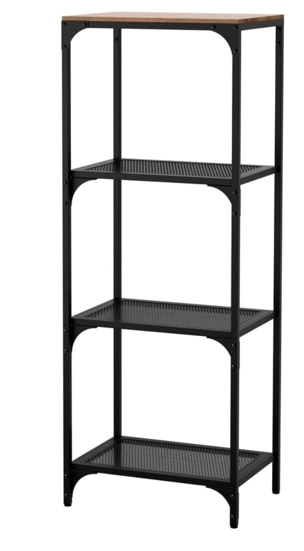 A tall, slender shelving unit with a black powder-coated metal frame and three perforated black metal shelves, topped with a light-toned wooden surface. It features a minimalist, industrial-inspired design. — 3D model