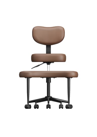 An ergonomic kneeling office chair featuring brown faux leather upholstery, a separate padded knee/shin rest, and a curved backrest. It is equipped with a height-adjustable gas lift and five-star wheeled base for mobility. — 3D model