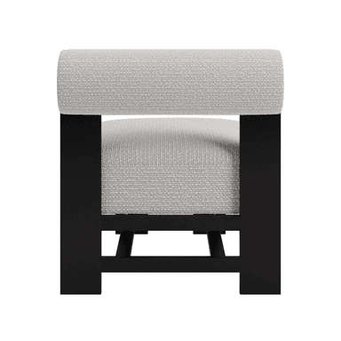 An upholstered stool featuring a dark wood frame and light gray fabric, designed with a low seat and a cylindrical backrest. — 3D model
