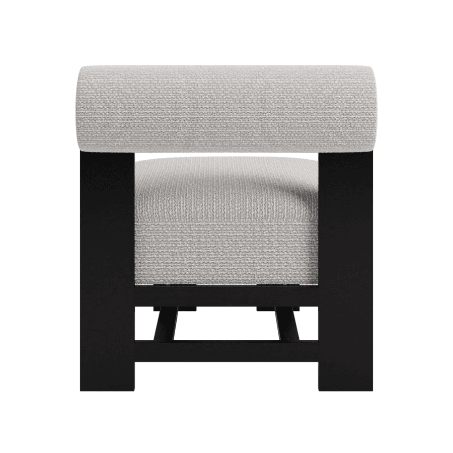 An upholstered stool featuring a dark wood frame and light gray fabric, designed with a low seat and a cylindrical backrest. — 3D model