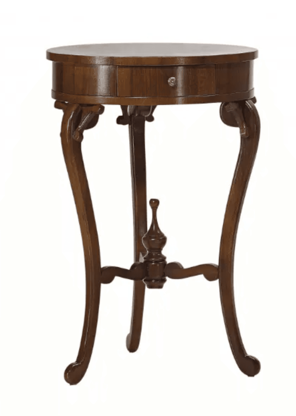 A small, round-topped end table with a single drawer, supported by three curved legs. The legs are joined by a decorative stretcher with a central finial. The drawer has a small, circular knob. The overall design suggests a classic or antique style. — 3D model