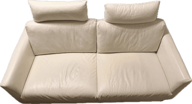 A modern sofa upholstered in white or off-white leather, featuring a minimalist design with a low profile. It has integrated, wide armrests and a deep seat. The backrest is formed by multiple loose cushions, which are secured by visible black straps. The upholstery exhibits subtle texture and detailed stitching along the edges, suggesting a contemporary and sophisticated aesthetic. — 3D model