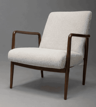 An upholstered lounge chair featuring a dark stained wooden frame and cream-colored boucle fabric. It has open, rounded armrests and tapered legs, embodying a Mid-Century Modern aesthetic. — 3D model
