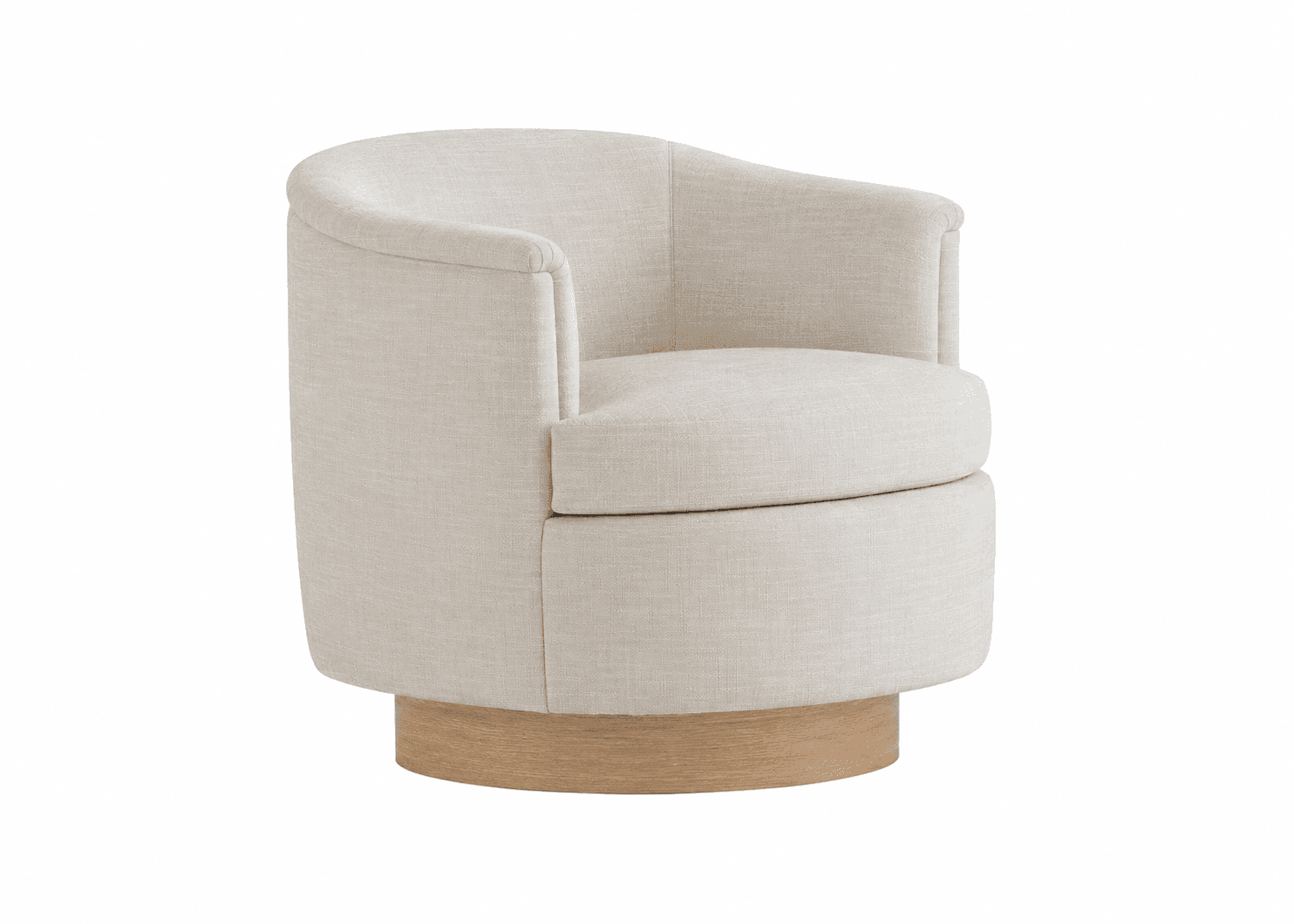 A contemporary swivel armchair with a barrel-shaped back and integrated armrests, upholstered in a light beige fabric and set on a circular wooden plinth base. — 3D model