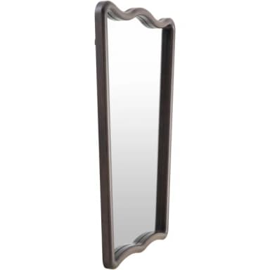 A rectangular wall mirror featuring a distinctive wavy, organic-shaped frame made from dark brown wood. The frame has smooth, rounded edges and encases a clear reflective glass surface. — 3D model