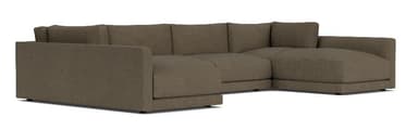 A large U-shaped sectional sofa upholstered in a muted taupe woven fabric. The sofa features a central three-seater component flanked by two chaise lounge sections, creating a symmetrical and expansive seating arrangement. It has a low-profile design with clean lines, integrated armrests, and block feet that are largely recessed. — 3D model