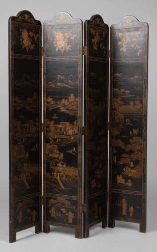 A four-panel folding screen, dark brown in color, with a distressed finish. Each panel is rectangular with a scalloped top edge. The panels are joined by visible metal hinges, suggesting they can be folded for storage or to change configuration. The surface shows some wear, including scuffs and lighter markings, particularly on the front panels. It appears to be constructed from wood or a wood composite. — 3D model