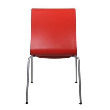 A modern red chair with a single-piece molded seat and backrest, supported by four slender, silver-toned metal legs. The seat and back have a subtle, ergonomic curve. The legs are angled outwards for stability and terminate in small black protective caps. — 3D model