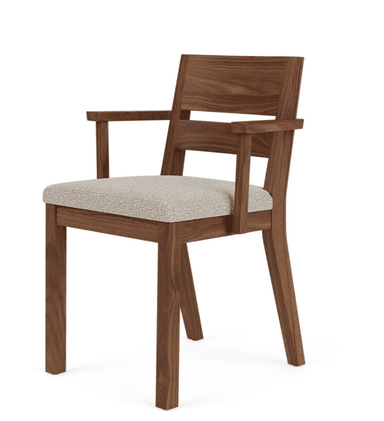 A modern armchair constructed from dark brown wood, featuring a light grey upholstered seat. The chair has a minimalist design with straight front legs and gently curved back legs. The backrest is composed of a solid top rail and a lower horizontal slat, complementing the straight armrests. — 3D model