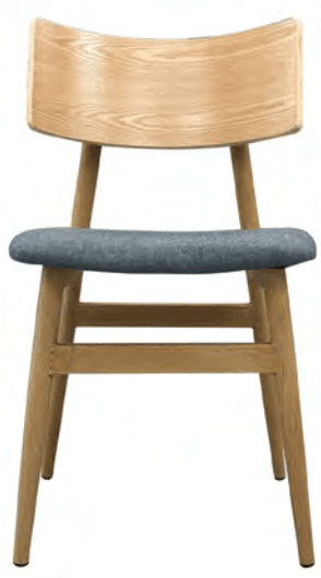 A modern wooden chair with a curved backrest and an upholstered gray seat, supported by a light wood frame with tapered legs. — 3D model