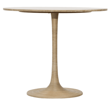 A round accent table featuring a natural travertine top and a distinctive fluted pedestal base. The base is tapered, starting wider at the bottom and narrowing towards the top, and appears to be constructed from or covered in a woven rattan material, giving it a textured, organic aesthetic. The overall color palette is natural, ranging from light beige to cream tones, characteristic of travertine and rattan. — 3D model