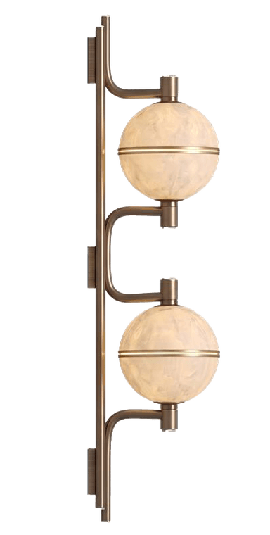 A wall-mounted sconce featuring a vertical linear metallic support structure with two curved arms extending outwards, each holding a spherical frosted glass shade. The shades are accented with a thin metallic band. The overall design suggests a modern or art deco influence. — 3D model