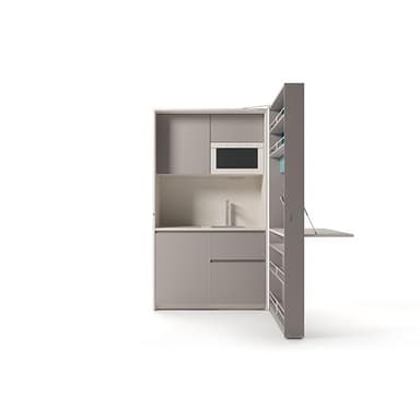 A freestanding, rectangular cabinet with a dark gray, textured concrete-look exterior featuring an embossed geometric pattern. The cabinet opens to reveal a fully integrated compact kitchen and bar area, complete with wooden cabinetry, a sink, a stovetop, a microwave, and shelving designed for glassware and bottles. — 3D model