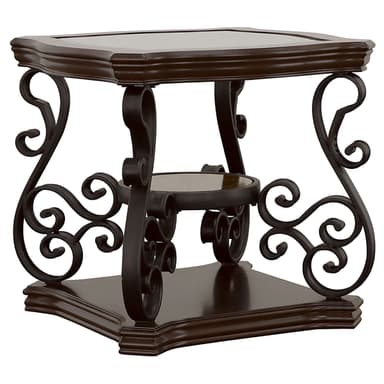 A traditional two-tier accent table featuring a dark wood frame, ornate scrolled metal legs, and a clear glass inset top. A smaller circular wooden shelf is positioned below the main surface, supported by additional metalwork. — 3D model