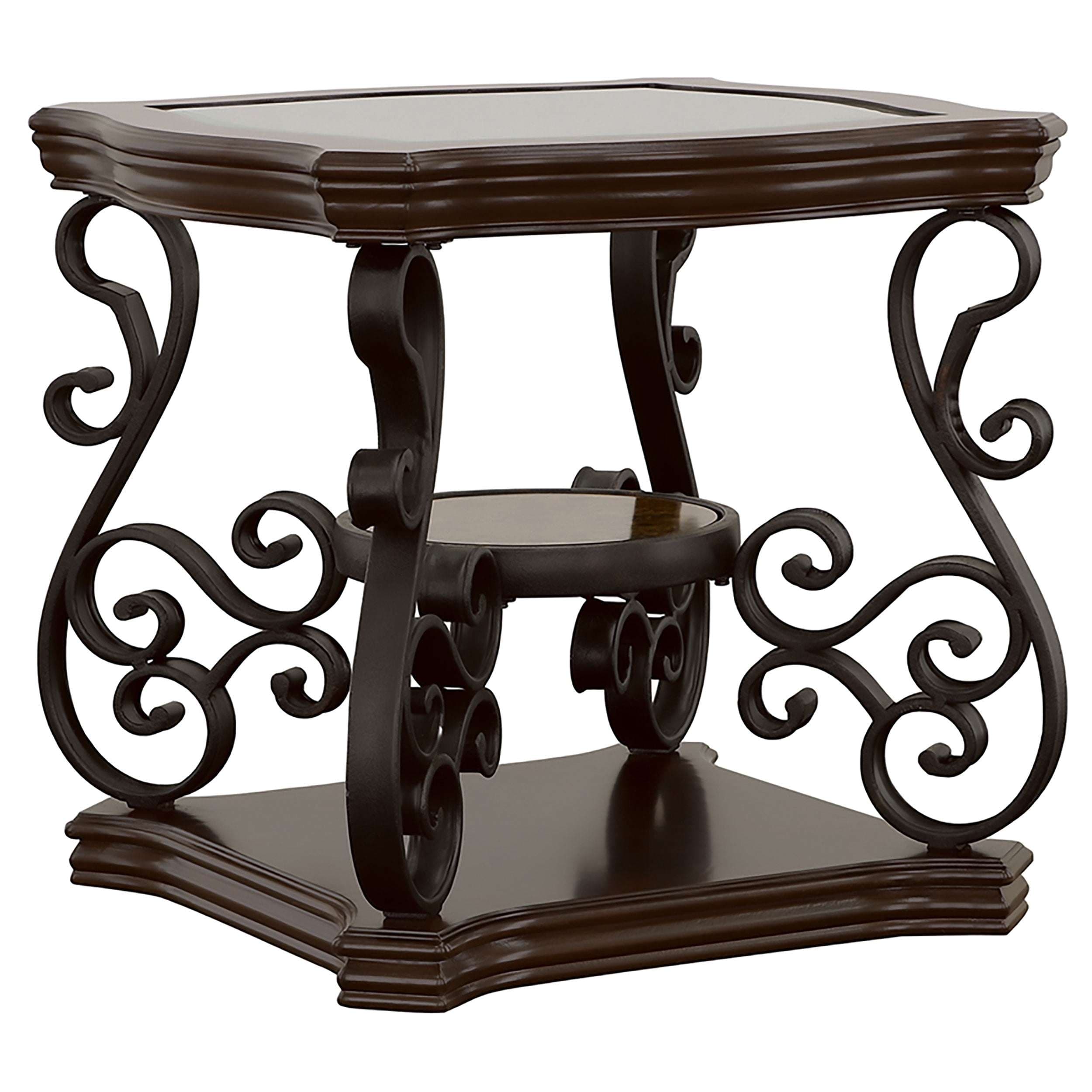 A traditional two-tier accent table featuring a dark wood frame, ornate scrolled metal legs, and a clear glass inset top. A smaller circular wooden shelf is positioned below the main surface, supported by additional metalwork. — 3D model