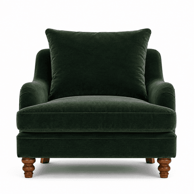 A deep green armchair upholstered in velvet fabric. The armchair features a high back, supportive armrests, and a plush seat cushion. It is complemented by a loose back pillow for added comfort. The piece stands on four turned wooden legs. — 3D model